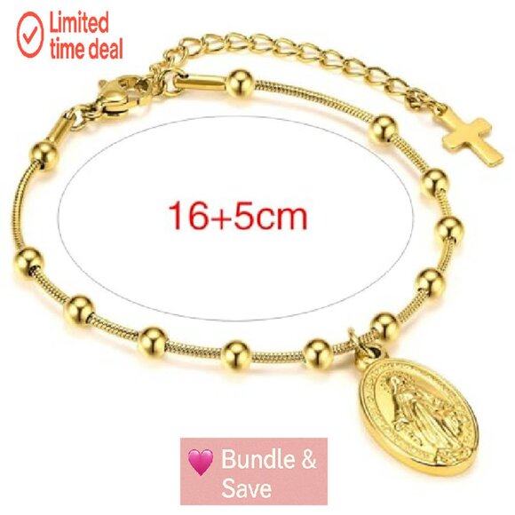 14k Gold Plated Virgin Mary Rosary Bracelet, Adjustable Stainless Steel - Picture 3 of 8